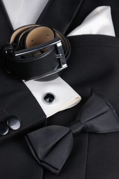 Scarf, belt, cufflinks, tie butterfly necessary set of accessories for tuxedo