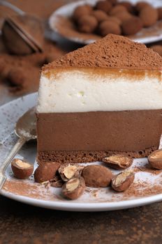 a piece of chocolate with vanilla mousse cake covered  cocoa
