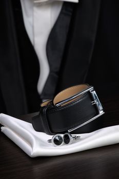 Scarf, belt, cufflinks, tie butterfly necessary set of accessories for tuxedo