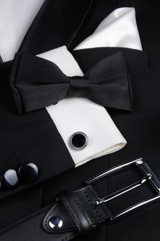 Scarf, belt, cufflinks, tie butterfly necessary set of accessories for tuxedo