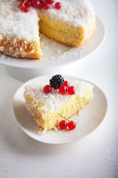 Piece of Homemade coconut cake on a white plate.