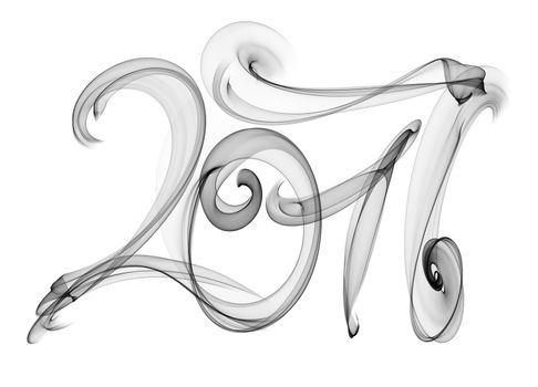 2017 isolated numbers written with black smoke or flame light on white background.
