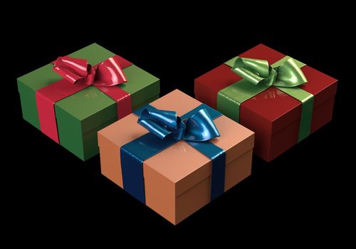 Colorful and striped boxes with gifts tied bows on black background. Happy new year 3d illustration.