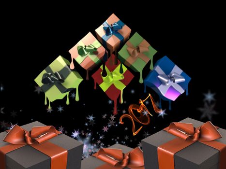 Colorful and striped boxes with gifts tied bows on black background. Happy new year 3d illustration.