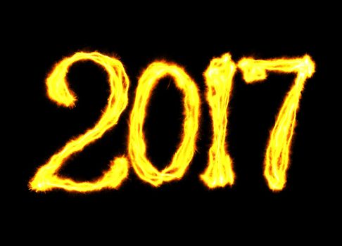 Happy new year 2017 isolated numbers lettering written with fire flame or smoke on black background.