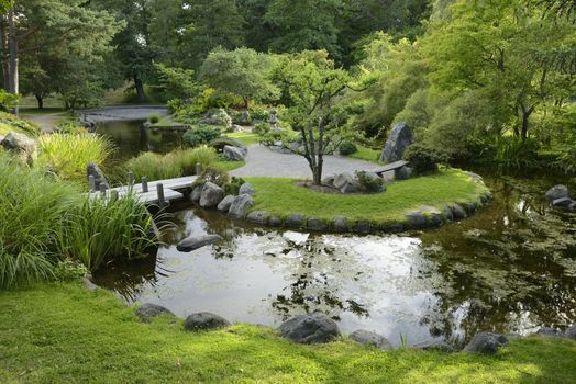 Japanese Garden with no people in Bergianska Botanical Garden. Bergianska Botanical Garden is a public garden located in Frescati next to Brunnsviken, at Norra Djurgården in Stockholm - Sweden.