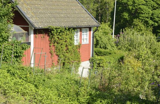 Idyllic red cottage in botanical garden.