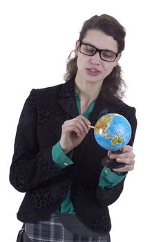 Strict woman teacher with a globe on a white background