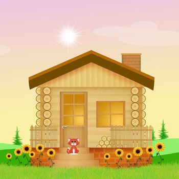 illustration of wooden house in summer