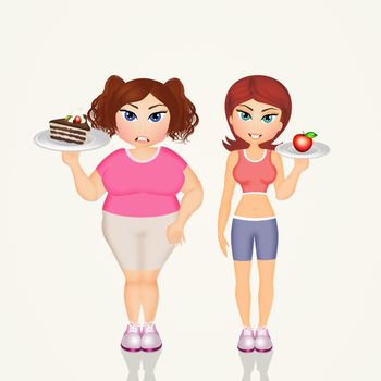 illustration of overweight girl and skinny girl