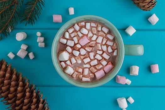 Winter sill life with hot cocoa, marshmallows, pine and cones, top view
