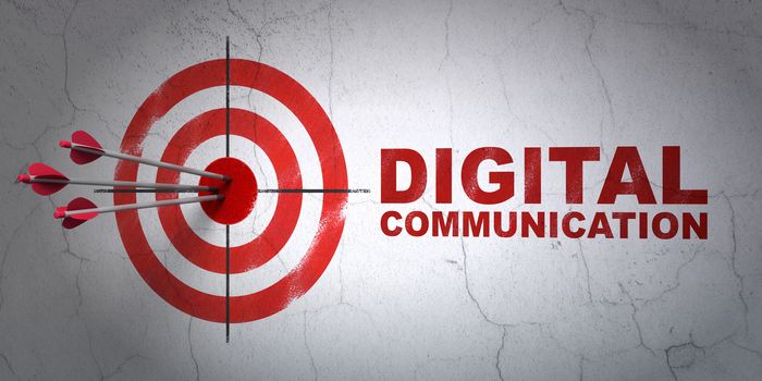 Success Information concept: arrows hitting the center of target, Red Digital Communication on wall background, 3D rendering