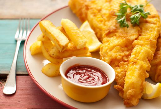 Deep fried battered fish on a plate with chips close up