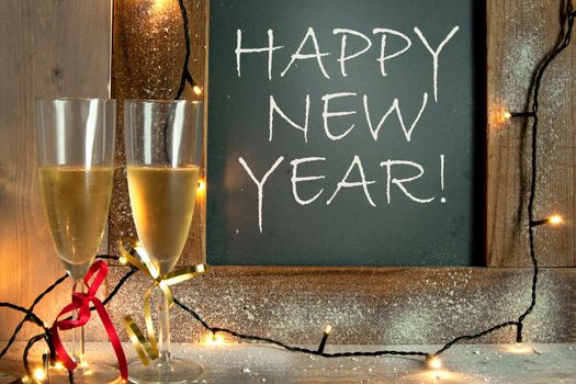 Champagne glasses next to chalkboard with happy new year greeting