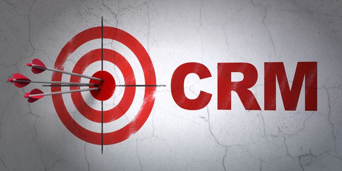 Success business concept: arrows hitting the center of target, Red CRM on wall background, 3D rendering