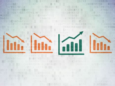 Business concept: row of Painted orange decline graph icons around green growth graph icon on Digital Data Paper background