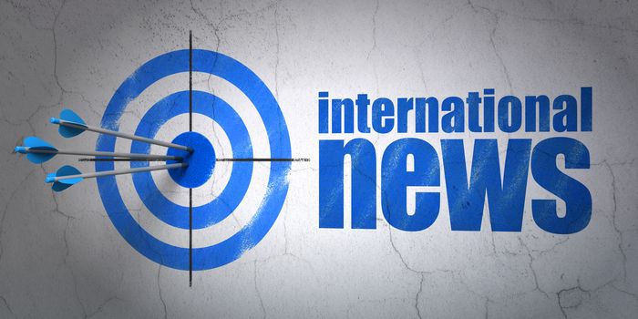 Success news concept: arrows hitting the center of target, Blue International News on wall background, 3D rendering