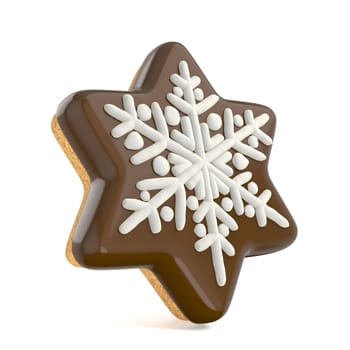 Chocolate Christmas gingerbread snowflake decorated with white lines. 3D render illustration isolated on white background