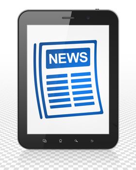 News concept: Tablet Pc Computer with blue Newspaper icon on display, 3D rendering