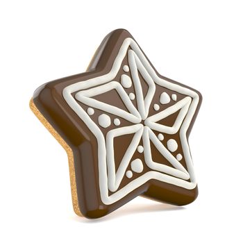 Chocolate Christmas gingerbread star decorated with white lines. 3D render illustration isolated on white background