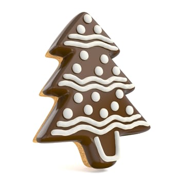 Chocolate Christmas gingerbread tree decorated with white lines. 3D render illustration isolated on white background
