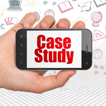 Studying concept: Hand Holding Smartphone with  red text Case Study on display,  Hand Drawn Education Icons background, 3D rendering