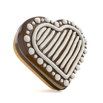 Chocolate Christmas gingerbread heart shape decorated with white lines. 3D render illustration isolated on white background