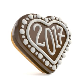 Chocolate Christmas gingerbread heart shape decorated with 2017. 3D render illustration isolated on white background