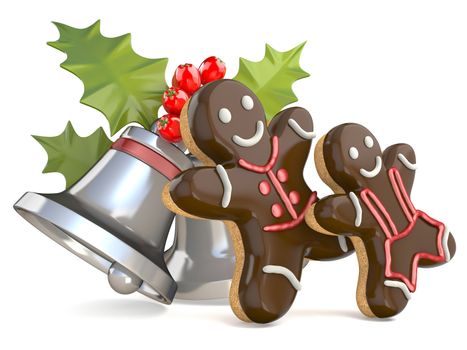 Smiling gingerbread men and Christmas bell with holly berries. 3D render illustration isolated on white background
