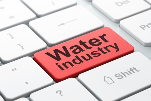 Manufacuring concept: computer keyboard with word Water Industry, selected focus on enter button background, 3D rendering