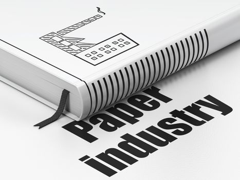 Industry concept: closed book with Black Industry Building icon and text Paper Industry on floor, white background, 3D rendering