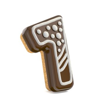 Number ONE 1 chocolate Christmas gingerbread font decorated with white lines and points. 3D render illustration isolated on white background