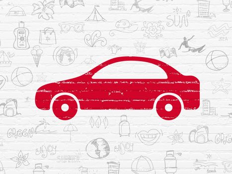Tourism concept: Painted red Car icon on White Brick wall background with  Hand Drawn Vacation Icons