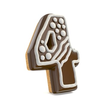 Number FOUR 4 chocolate Christmas gingerbread font decorated with white lines and points. 3D render illustration isolated on white background