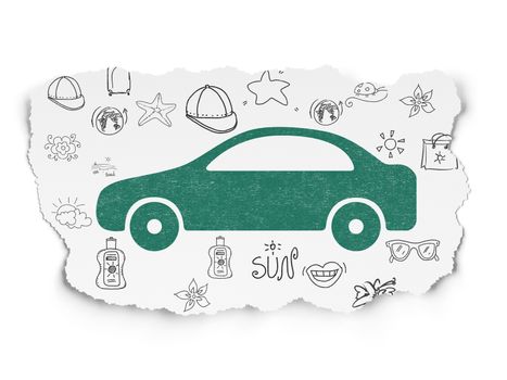 Vacation concept: Painted green Car icon on Torn Paper background with  Hand Drawn Vacation Icons