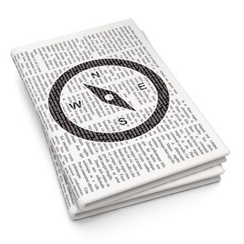 Vacation concept: Pixelated black Compass icon on Newspaper background, 3D rendering