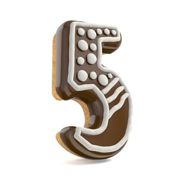 Number FIVE 5 chocolate Christmas gingerbread font decorated with white lines and points. 3D render illustration isolated on white background