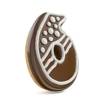 Number SIX 6 chocolate Christmas gingerbread font decorated with white lines and points. 3D render illustration isolated on white background