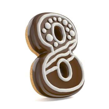 Number EIGHT 8 chocolate Christmas gingerbread font decorated with white lines and points. 3D render illustration isolated on white background