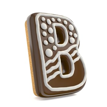 Letter B chocolate Christmas gingerbread font decorated with white lines and points. 3D render illustration isolated on white background