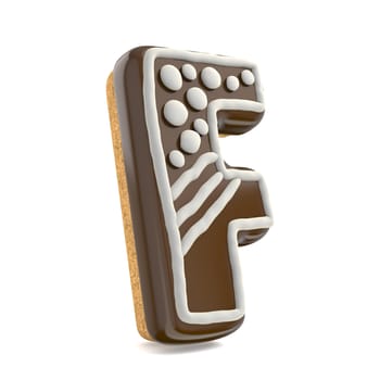 Letter F chocolate Christmas gingerbread font decorated with white lines and points. 3D render illustration isolated on white background