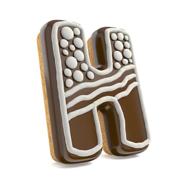 Letter H chocolate Christmas gingerbread font decorated with white lines and points. 3D render illustration isolated on white background