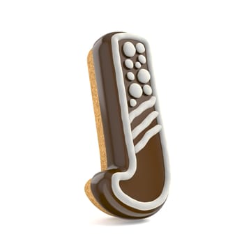 Letter J chocolate Christmas gingerbread font decorated with white lines and points. 3D render illustration isolated on white background