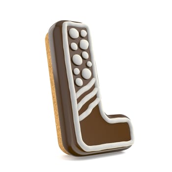 Letter L chocolate Christmas gingerbread font decorated with white lines and points. 3D render illustration isolated on white background