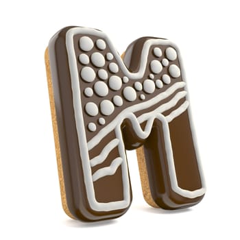Letter M chocolate Christmas gingerbread font decorated with white lines and points. 3D render illustration isolated on white background