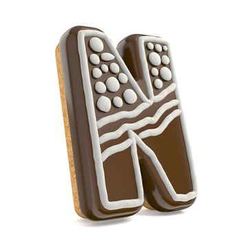 Letter N chocolate Christmas gingerbread font decorated with white lines and points. 3D render illustration isolated on white background