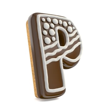 Letter P chocolate Christmas gingerbread font decorated with white lines and points. 3D render illustration isolated on white background