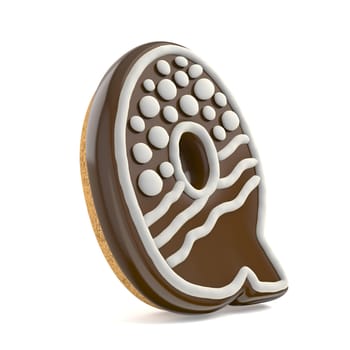 Letter Q chocolate Christmas gingerbread font decorated with white lines and points. 3D render illustration isolated on white background