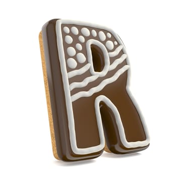 Letter R chocolate Christmas gingerbread font decorated with white lines and points. 3D render illustration isolated on white background