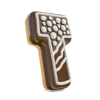 Letter T chocolate Christmas gingerbread font decorated with white lines and points. 3D render illustration isolated on white background